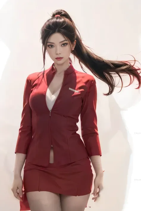 AirAsia red jacket uniform、Long hair down to the legs、Dark brown hair、Hair tied up、Tie your hair back in a ponytail、ponytail、Red rubber band、Luxury earrings、Captivating look、Blue Eyes、22 year old Asian female