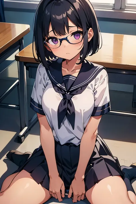 Elementary school girl, 8 years old, A cup　 Black hair, short bob, purple eyes　Glasses　 （one person） Short-sleeved sailor suit　Navy blue mini skirt　Grey panties　School classroom　Sitting on the floor　（（I can see her panties））　Black socks　Dynamic Angle Athle...