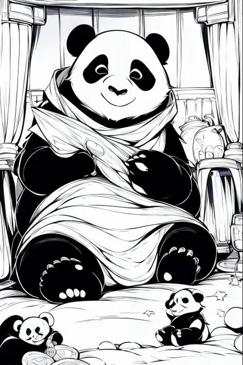 Panda family sightseeing inside USS ENTERPRISE, dune, star wars, masterpiece, coloring-book,