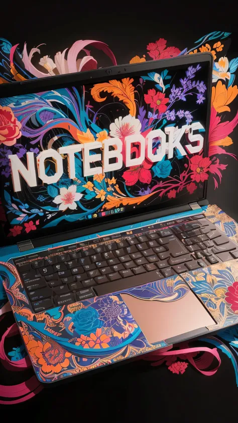 there is a laptop with a colorful design on the screen, Tristan Eatons wallpaper, cadernos, caderno, Eu perdi minha vida! paleta cmyk, Tristan Eaton, Eu perdi minha vida and Tristan Eaton, pintura digital | intricado, Tristan Eaton & Greg Rutkowski, insane...