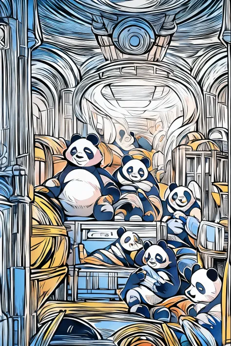 Panda family sightseeing inside USS ENTERPRISE, dune, star wars, masterpiece, coloring-book,