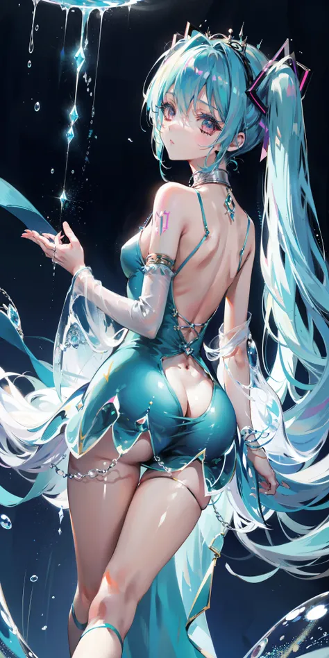 blue theme, Hatsune Miku portrait，masterpiece, magic , (Impossible Dress:1.5), mini skirt, Gradient background, Silver-blue hair, , Bangs,Side Chain, pink eyes, (ulzang-6500-v1.1:0.9), 中等Chest, Chest, Thigh gap, Hair accessories, arching back, Black_witch_...