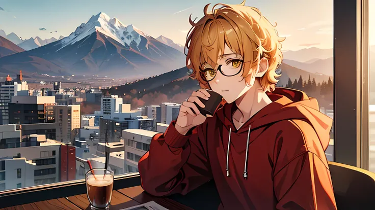 Anime Blonde short curly haired teenage Boy, with Yellow eyes, Glasses, Freckles on the face, wearing a Red hoodie, drinking a cup of coffee, Mountains Sunrise Background 