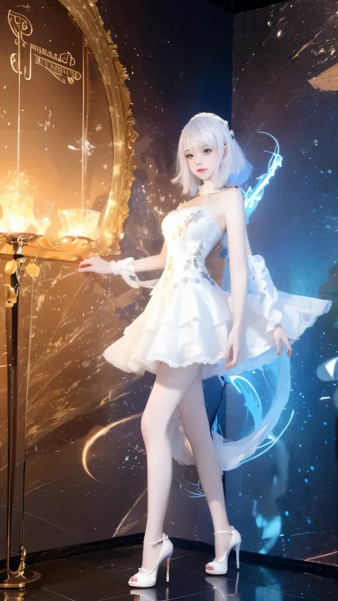 8K, Surrealism, masterpiece, best quality, Super detailed, high resolution, Random Background, 1 girl, (:1.5), Yao Liu, White Dress，Colored hair，translucent，whole body，High heel透明婚纱，High heel，whole body，Colorful