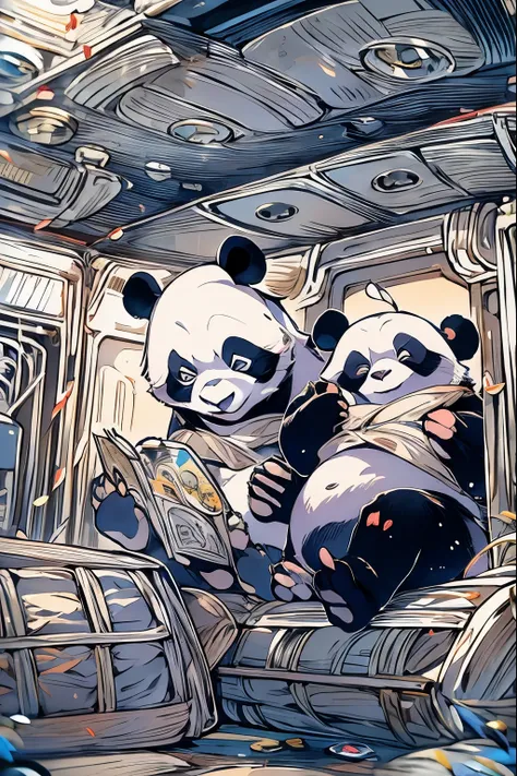 panda family sightseeing inside uss enterprise, dune, star wars, masterpiece, coloring-book,