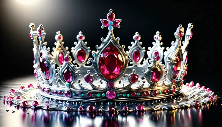 (liquid metal art: 1.5) LIQUID METAL a picture of jeweled crown ( (masterpiece, best detailed, best quality: 1.4), the crown is made from (gold: 1.2), (silver: 1.3), it is encrusted and decorated with (rubies: 1.3), emeralds: 1.3) and (opals: 1.3), dynamic...