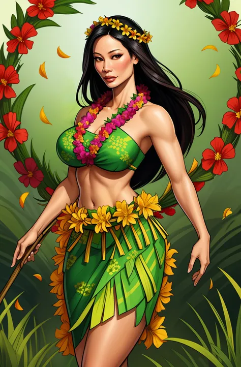 Lucy Liu  wearing a garland of flowers, girl wearing a lei, grass skirt
