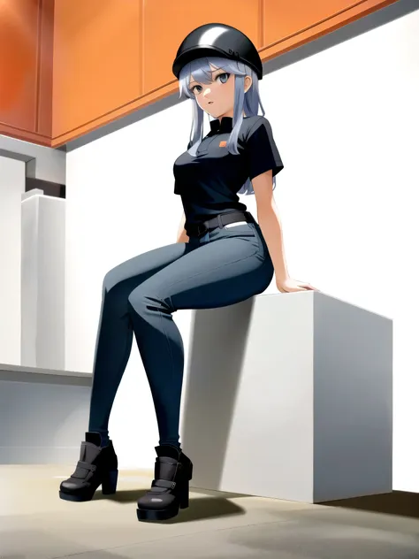 girl in a gray polo shirt, sitting on her butt, black jeans, legs spread, orange construction helmet on her head, background war...