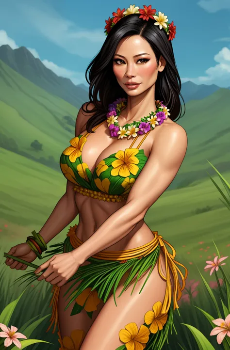 Lucy Liu  wearing a garland of flowers, girl wearing a lei, grass skirt
