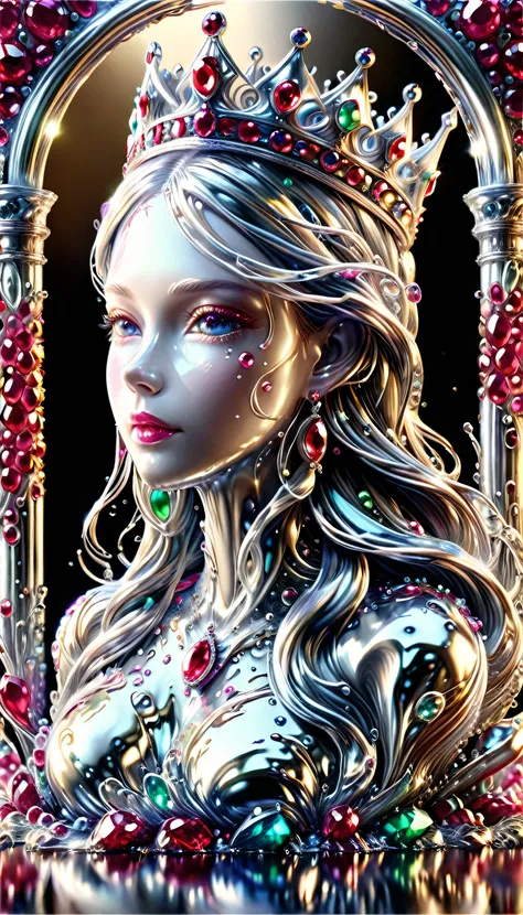 (liquid metal art: 1.5) LIQUID METAL a picture of jeweled crown ( (masterpiece, best detailed, best quality: 1.4), the crown is made from (gold: 1.2), (silver: 1.3), it is encrusted and decorated with (rubies: 1.3), emeralds: 1.3) and (opals: 1.3), dynamic...