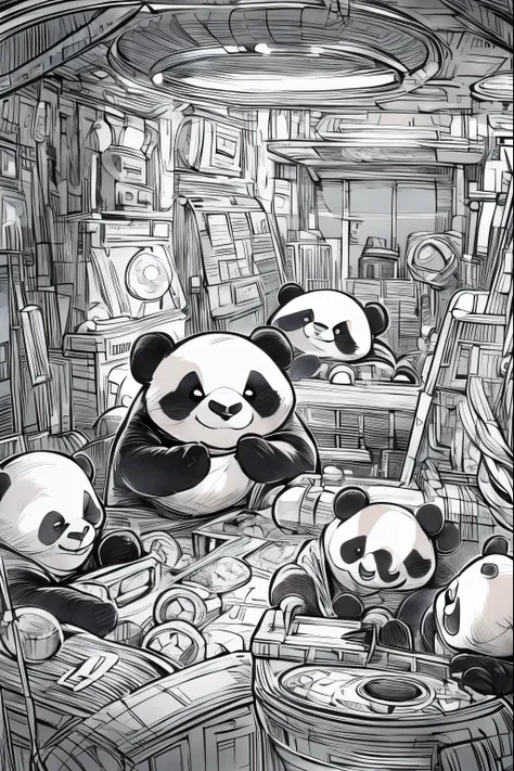 Panda family sightseeing inside USS ENTERPRISE, dune, star wars, masterpiece, coloring-book,