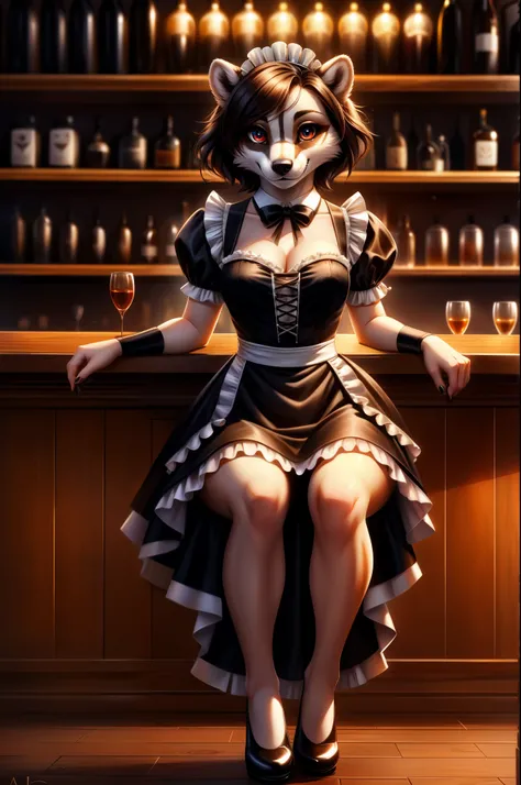 a beautiful furry, Badger, sexy maid, high resolution details, very beautiful eyes, red eye, very detailed eyes, short hair, a cheeky look, full body, perfect body), is alone, is female, She is wearing a black maid outfit, Sit at a bar, 