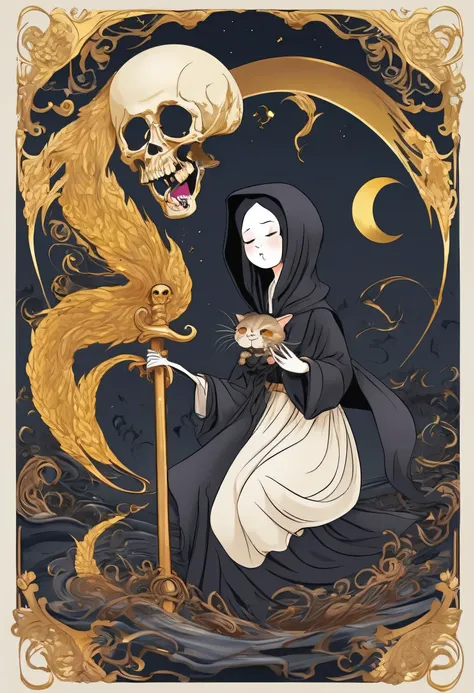 Comical Grim Reaper、Grim Reaper with the face of a young girl、Beautiful Face、He has a scythe bigger than his body.、Sleepy face、Eyes closed、yawn、With a black cat as his servant、Warm impression、Masterpiece、Comical taste、Golden Ratio、