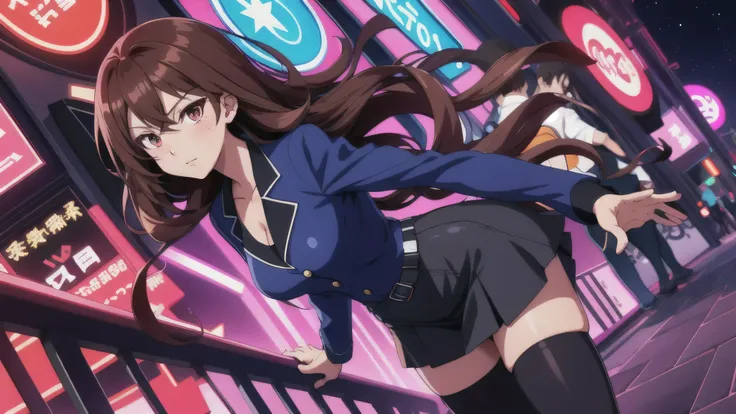 Bewitching anime girl in blue suit and tight skirt、Black tights,Inviting look、Buttoned shirt and brown hair,Ecchi anime style,  bending forward,Kamimei,Red Light District at Night,neons