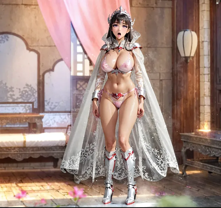 Chinese Princess，long hair girl, Lustful eyes, lustful expressions, passion，Strong sexual desire，bikini red and white armor,  Bikini is almost transparent，see-through clothing，almost naked, Huge breasts，Long-legged girl, Put on metal boots, long cloak，Cape...