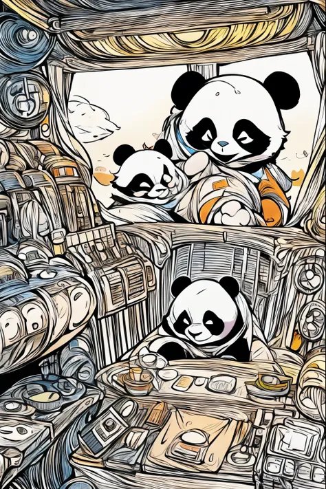 panda family sightseeing inside uss enterprise, dune, star wars, masterpiece, coloring-book,