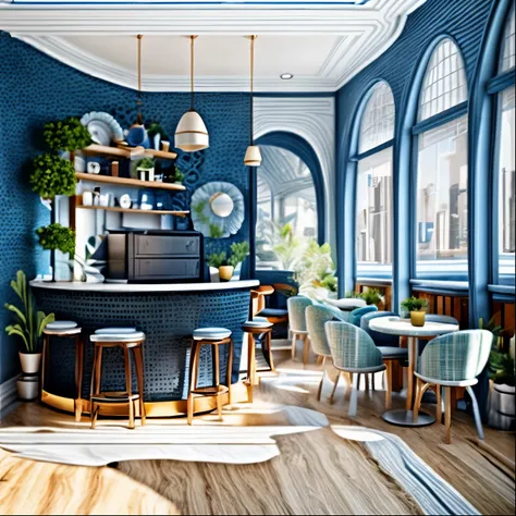 The coffee shop space has black tones, black iron tables and chairs, rough black walls, and luxurious mirrors, Minimalism, black themes, modern sci-fi