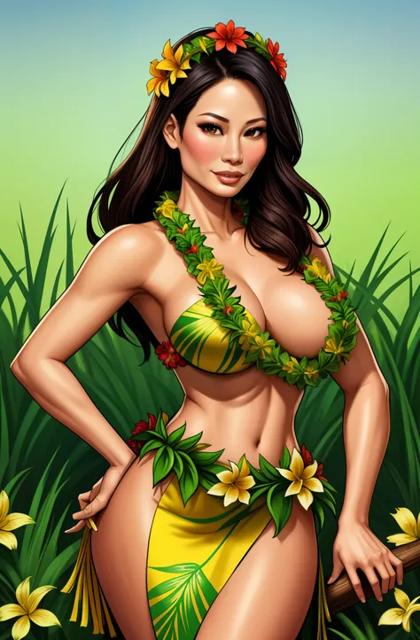 Lucy Liu  wearing a garland of flowers, girl wearing a lei, grass skirt, slight smile, seductive
