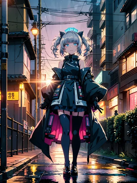 night, colorful cyberpunk city background, rain, street, maid girl, nazuna nanakusa,yofukashi no uta, blue eyes, white hair shin...