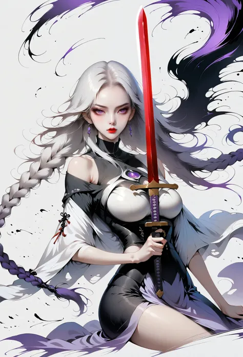 bust，Girl with a sword，Simple lines minimalism，Abstract Art，(((Holding a red long sword，White long hair，Purple double long braids，High Neck Off Shoulder Cropped Short Sleeve Top，Skirt slit，Holding a long sword))).Mysterious man in cloak：1.37，Ink Painting，I...