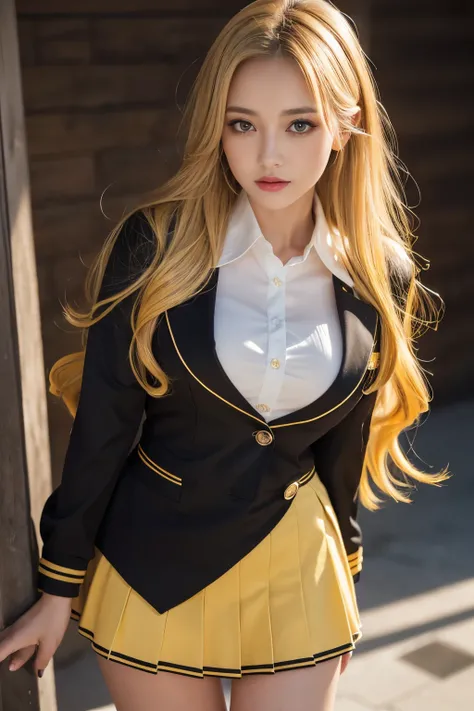 ( highest quality，4K，masterpiece：1.2），Beautiful woman，1 girl，sexy：1.1，Dark yellow hair：1.1，Woman wearing ，Soaked uniform，Highly detailed face，Lip details，Fine Eyes，double eyelid，mini skirt ，