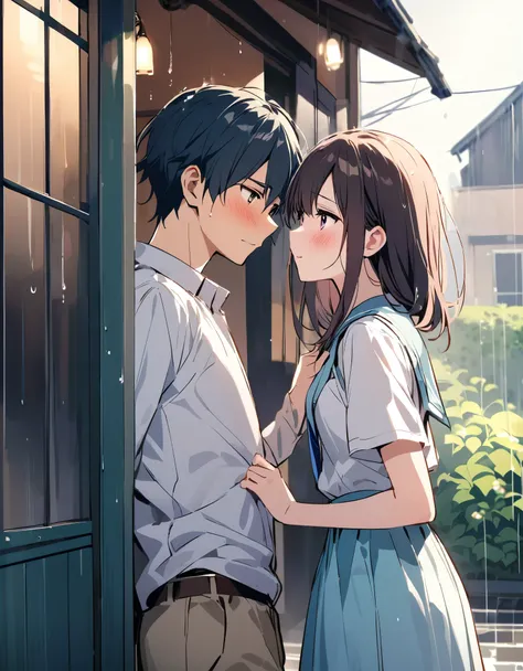 A scene with a boy and a girl, both in their teens, before they start dating. They are mutually in love but havent confessed yet. The atmosphere is sweet and slightly awkward, with a sense of young love. They are taking shelter from the rain as they have n...