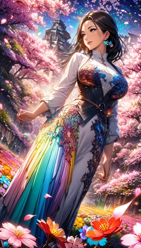 Anime Style, Ultra-fine illustrations, Very detailedな, Dynamic Angle, Beautiful details, 8k, On a Spring Night, Cherry blossom tree illuminated by city lights々is quietly shining. Break A woman stops, I was fascinated by the beautiful scenery, Watching the ...