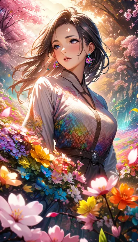 Anime Style, Ultra-fine illustrations, Very detailedな, Dynamic Angle, Beautiful details, 8k, On a Spring Night, Cherry blossom tree illuminated by city lights々is quietly shining. Break A woman stops, I was fascinated by the beautiful scenery, Watching the ...