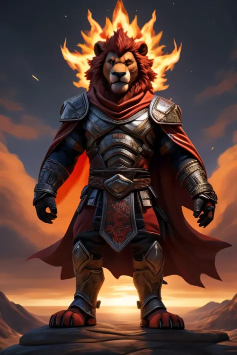 (1Male) , The young man of the sun god, standing next to a majestic lion, exhibits an captivating..................(Posture with a slight smile)., Against the backdrop of a fiery sunset and cascading flames. (Updo, crimson with a volume of 1.2),(Medium Ful...