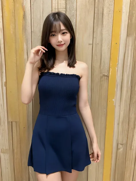 In detail,Full body photo、 One high school girl、High resolution, high quality、Slim body、Perfect dynamic composition, Beautiful fine details, Natural Shorthair、Natural color lip,Kamimei、14-year-old girl、Clear Skin、Navy blue bandeau dress、Thighs、Shiny Hair、最...