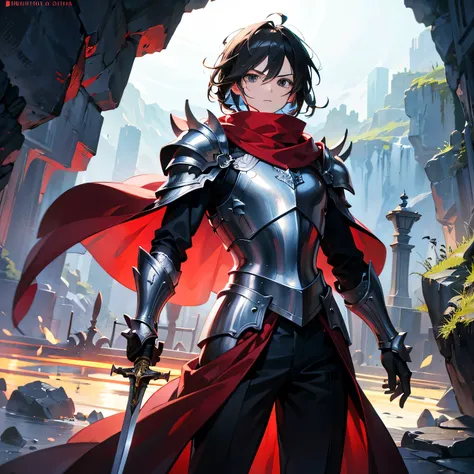 Anime art style,highest quality,High resolution,Anatomically correct,One Man,good looking,Twenty generations,Black Hair,Black Eyes,Super detailed,Fantasy worldview,Spiky Hair,Tun-tsun Hair,Brave,Slender build,Red long coat,White scarf,Silver Breastplate,Si...