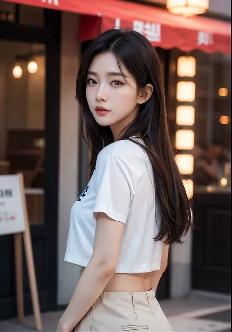 a beautiful korean girl wearing a "subscribe me" t-shirt, standing in front of a restaurant, detailed beautiful face with striking eyes and lips, long silky hair, elegant pose, vivid colors, dramatic lighting, intricate details, photorealistic, cinematic c...