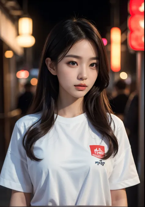 a beautiful korean girl wearing a "subscribe me" t-shirt, standing in front of a restaurant, detailed beautiful face with striking eyes and lips, long silky hair, elegant pose, vivid colors, dramatic lighting, intricate details, photorealistic, cinematic c...