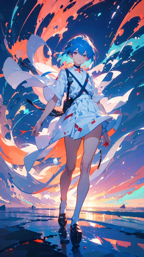 A masterpiece portrait of smiling Rei Ayanami (Evangelion), Evangelion (Hideaki), Caustics, High resolution illustrations, Red eyes, feminine, No students, Blue Hair,  short hair, Japanese , loafers, Spank, Synthwave, paint Splashs, Shaded flat illustratio...