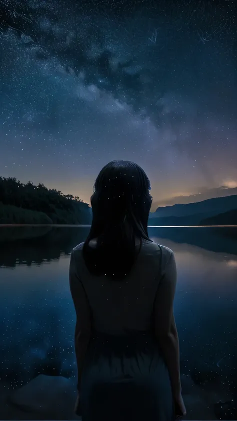 A alone person looking at the night sky full of stars, refletindo sobre o universo."