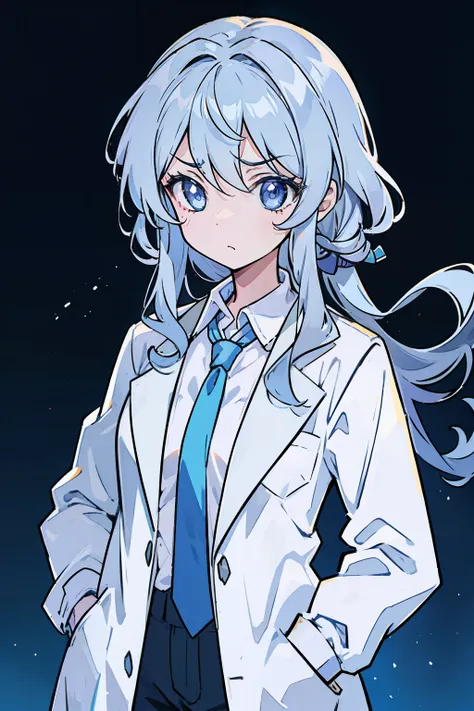 headshot photo、Face straight ahead、Standing Picture、simple background、Put your hands in your pockets、One female、mature, medium size  , sleepy、despairing、Hair color light blue、Hakase(daily)、length hair、(hair wavy)、wearing lab coat、Wearing a gray tie、Wearing...