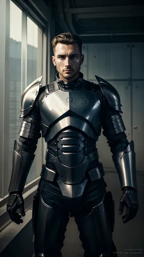 A photo of a man in sci-fi armor, maked from an Iphone camera