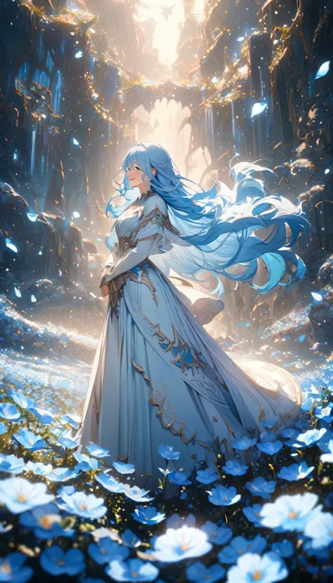 (Absurd, High resolution, Super detailed, 超High resolution, Cinematic), alone, One girl, mature, Happy, girl standing in Light blue flower field, Light blue flower petal surrounding girl, whole body, Girl with blue long hair, Light blue hair, Fantasy, drea...