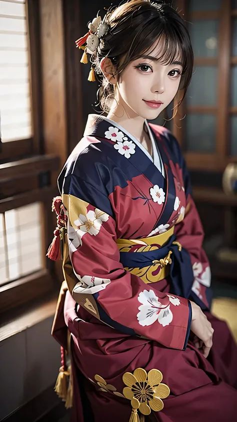 realistic, alone, beautiful japanese woman, traditional kimono, natural appearance, a kind smile, impressive gaze, traditional h...