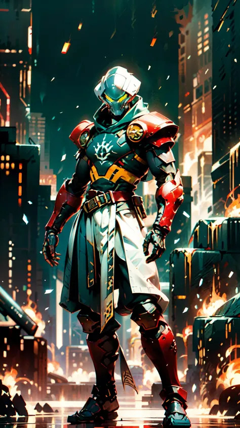 a man wearing a full-face helmet, a fantasy-style biotech armored combat suit, green eyes, (a composite layered chest armor), fu...