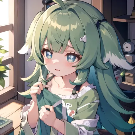 huohuohsr in a green pijama shy and blushing alot