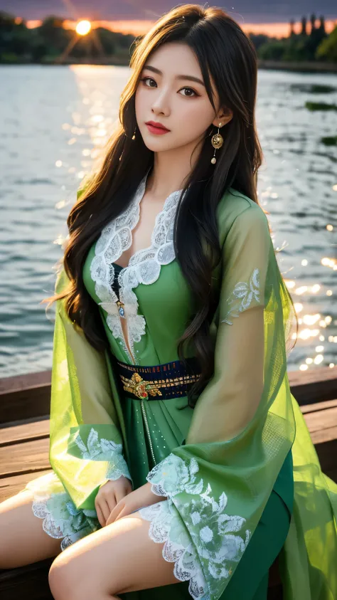 8K, UHD, masterpeiece,best quality, 1 girl, detailed face, detailed eyes, very long hair, long straight hair, small breasts, very detailed dress, kimono costume, green costume, ((mesh lace)), sardine, flowing sardine, jwellery, earring, ornaments, flower, ...