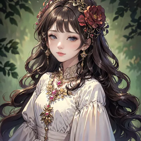 (best quality,8k,cg,detailed upper body,,girl,flower dress,forest background,expressive facial features,elegant long hair,almond...