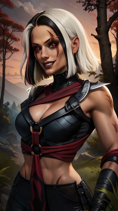 sareenamk1,red eyes,black sclera,(two-tone hair,white streaked hair,)bangs,scar,
black crop top,o-ring,gloves,midriff,cleavage,
...