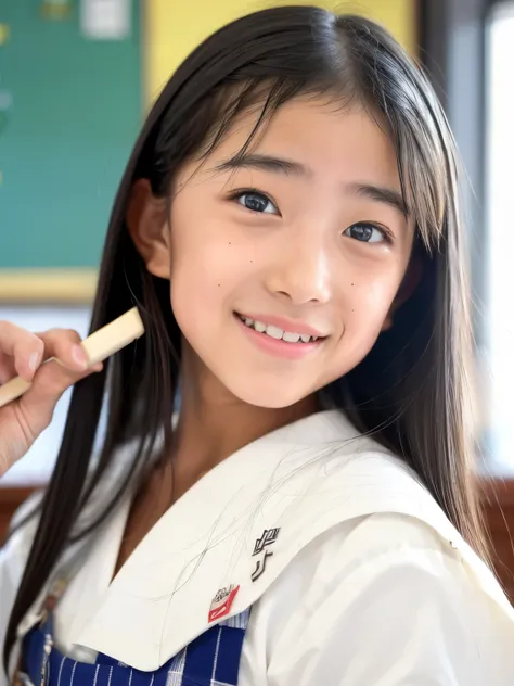 lens: 135mm f1.8, (highest quality),(RAW Photos), (Tabletop:1.1), (Beautiful 16 year old Japanese girl), Cute Face, (Deeply chiseled face:0.7), (freckles:0.4), dappled sunlight, Dramatic lighting, (Japanese School Uniform), (In the classroom), shy, (Close-...