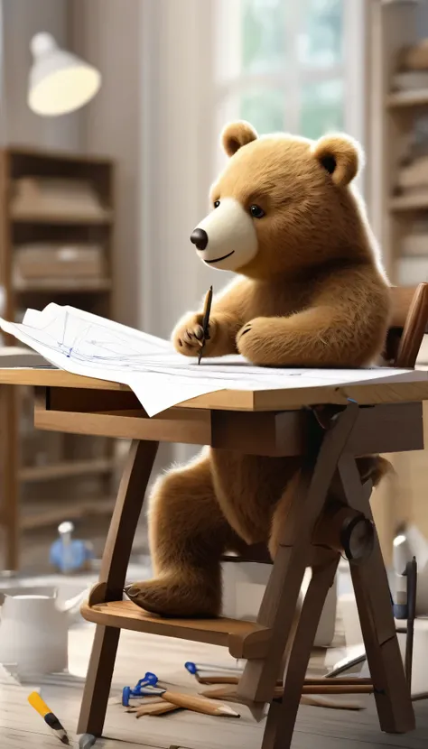 picture, A cute little bear sitting near a drafting table where he is drawing blueprints for a building, Modern architect&#39;s laboratory background, he is wearing a white coat, , highest quality, 16k, [Super detailed], masterpiece, highest quality, (Supe...