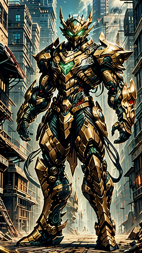 a man wearing a full-face helmet, a fantasy-style biotech armored combat suit, green eyes, (a composite layered chest armor), fu...