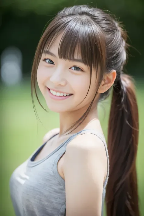 Lens 135mm f1.8, (highest quality),(RAW photo), , (Beautiful 16 year old Japanese girl), cute face, (deeply carved face:0.7), (freckles:0.6), ,dramatic , (japanese school crop_top grey tanktop), (inside the school), shy, twintails, , (smile),, (sparkling e...