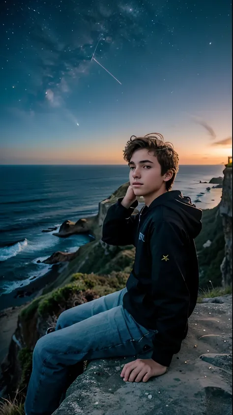 teenage boy sitting on a cliff facing the ocean and night sky