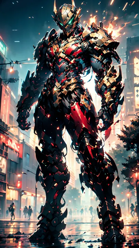 A man wearing a full-face helmet, a fantasy-style biotech armored combat suit, green eyes, (a composite layered chest armor), fully enclosed shoulder guards, matching arm and leg guards, the belt is adorned with 666 mark, (the color scheme is primarily red...